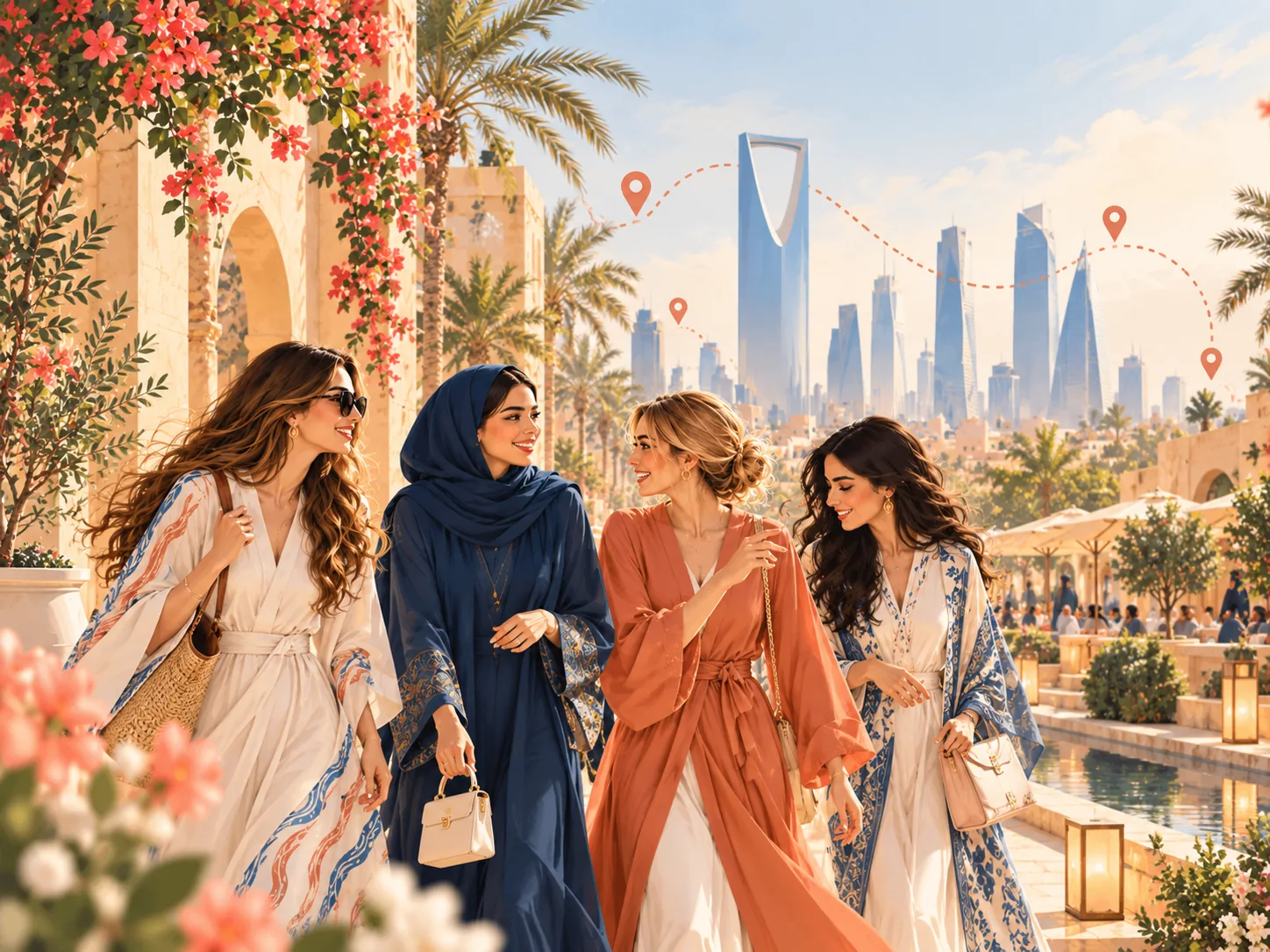Illustrated women exploring Riyadh together