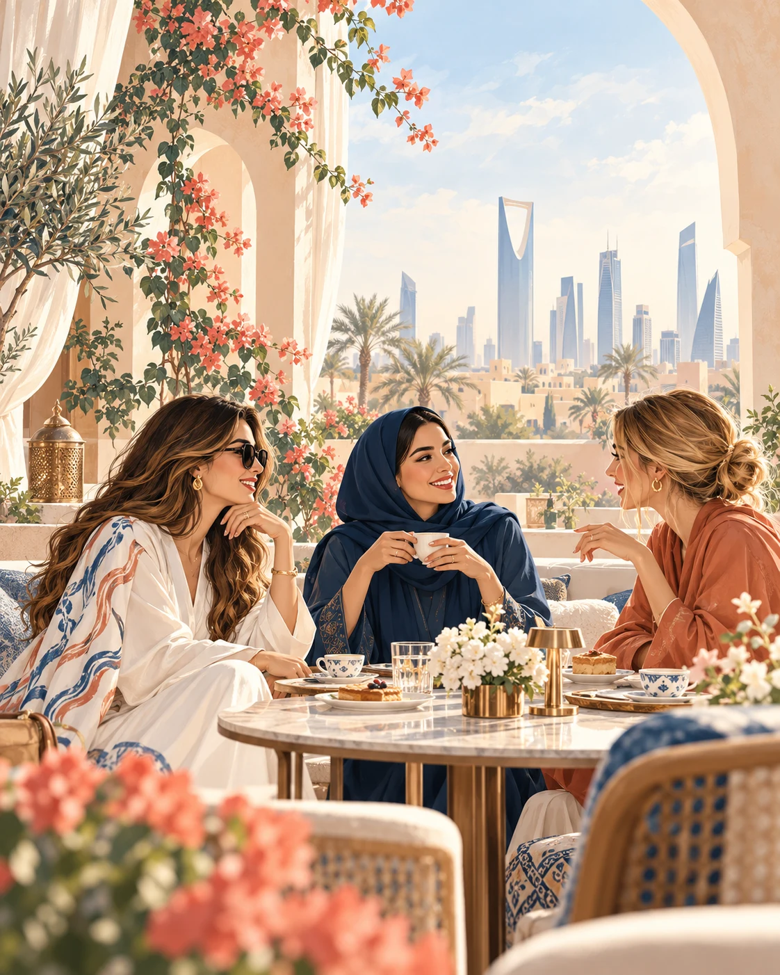 Illustrated women connecting over coffee in Riyadh
