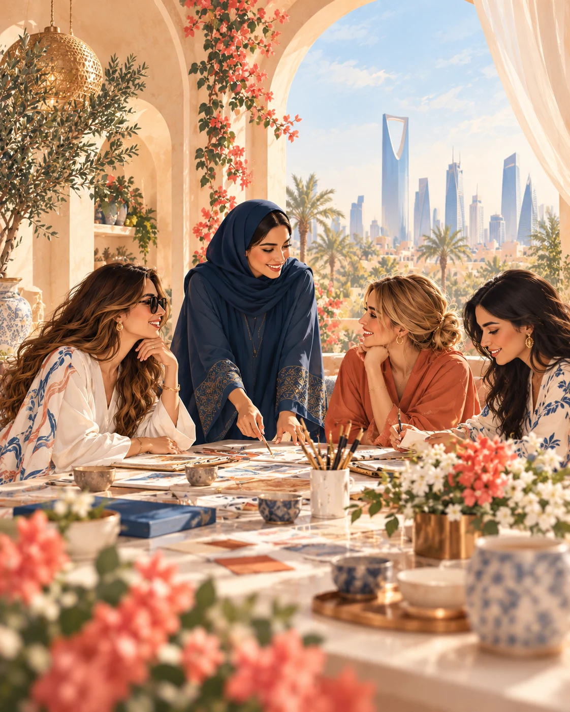 Illustrated community gathering in Riyadh