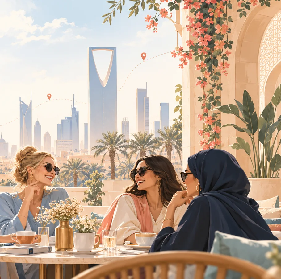 Editorial illustration of fictional women sharing a café moment with the Riyadh skyline