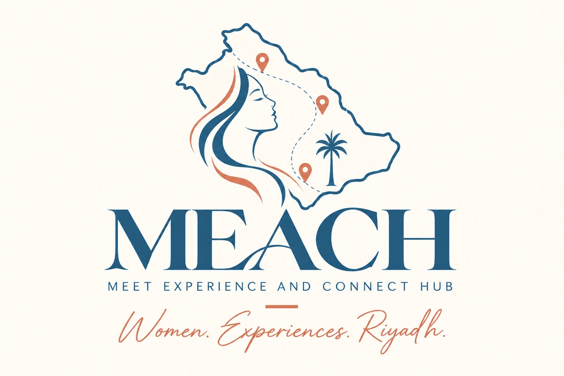 Official MEACH logo featuring the outline of Saudi Arabia, a woman's profile, location pins, palm tree and MEACH lettering