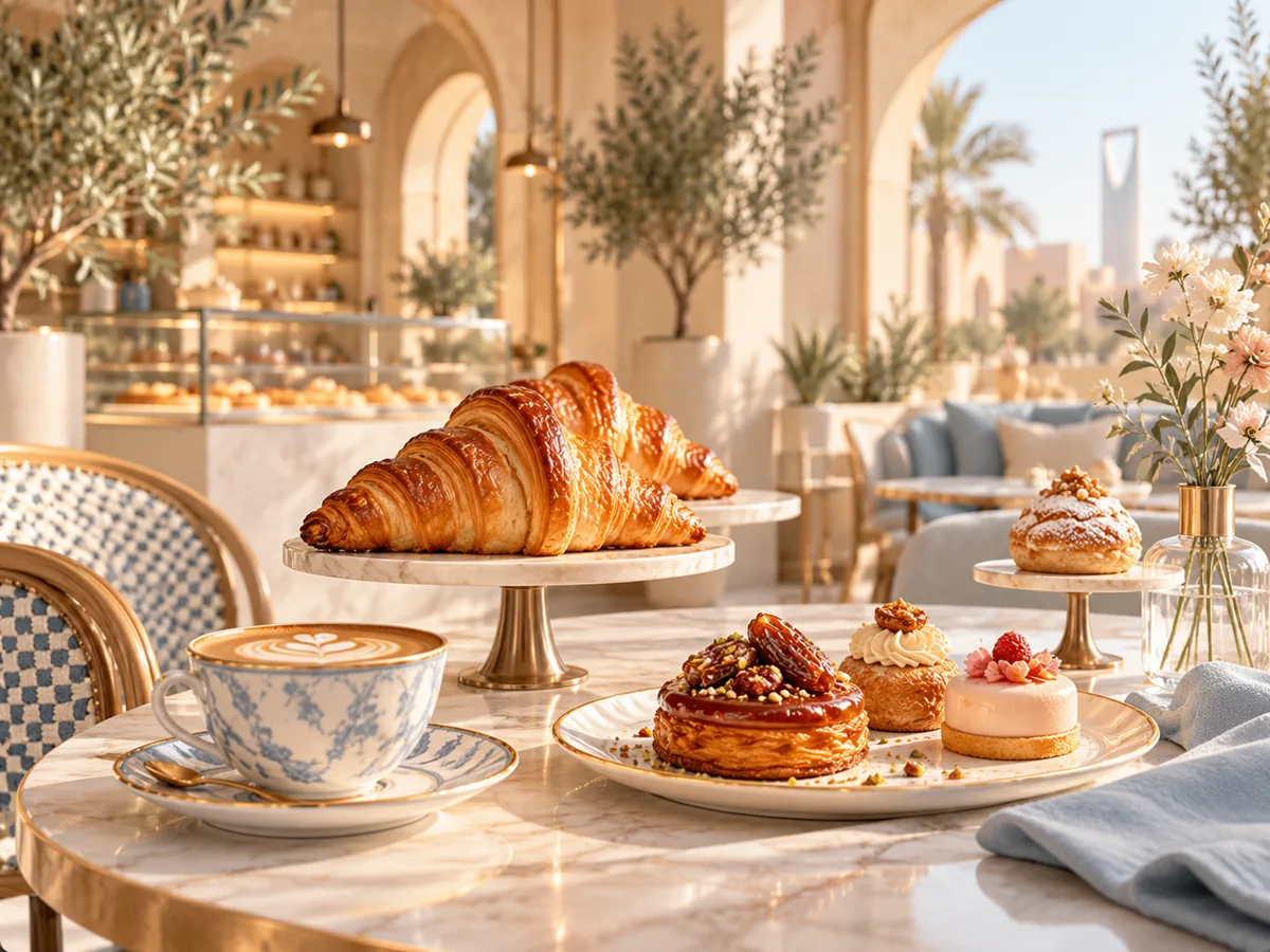 Illustration of elegant pastries and coffee representing food discoveries in Riyadh